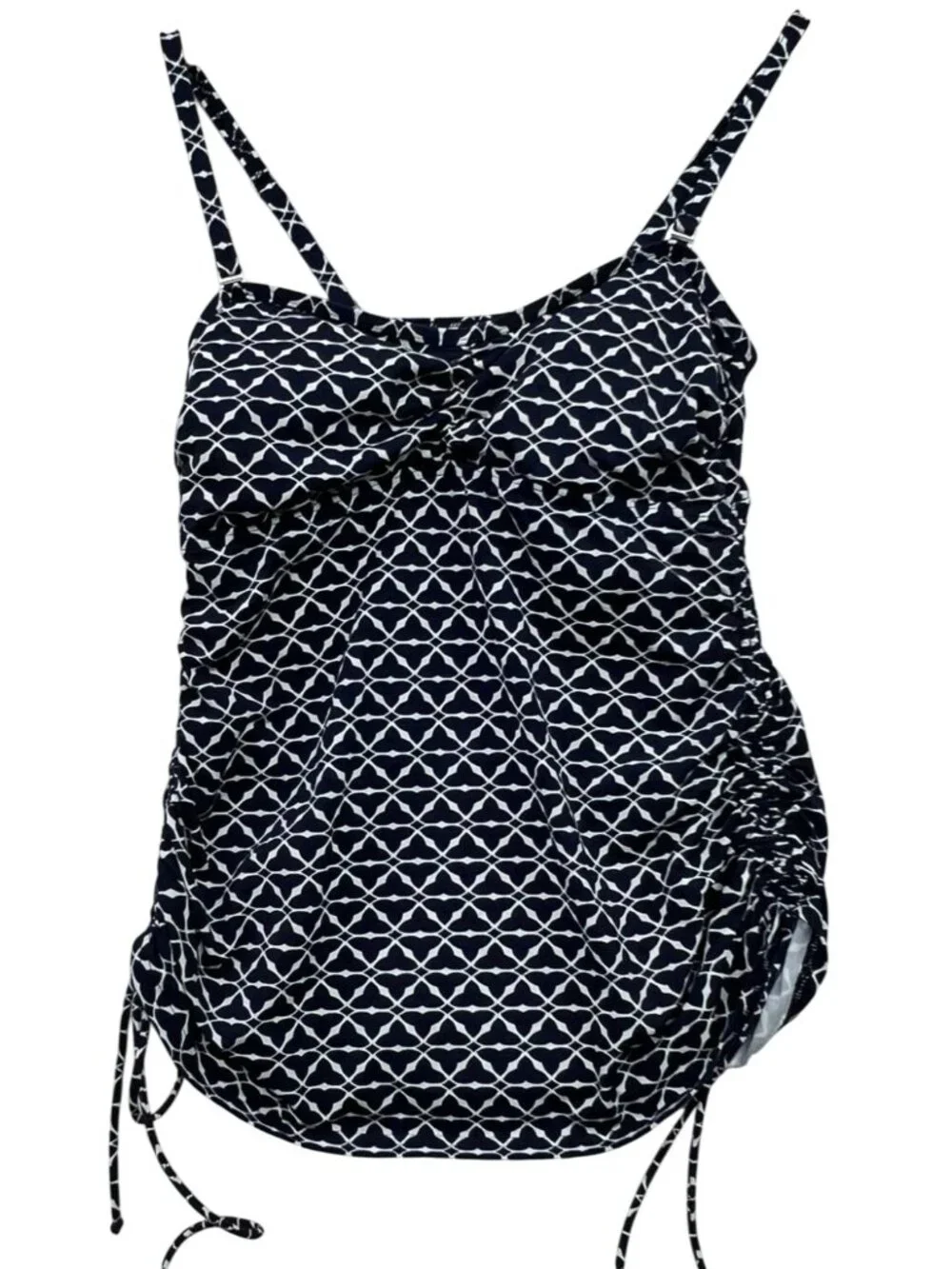 Lands' End Women's Tankini Swim Top Sleeveless Side Ties Size 6P Navy White Geo